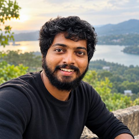 Shanaka Madushanka, smiling, with a lake and hills behind him at sunset.